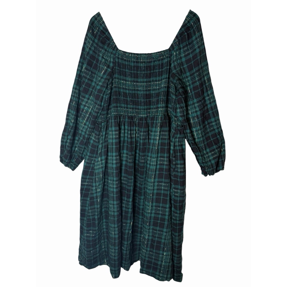 Lane Bryant Dress Women 22/24 Green Black Plaid Smocked Midi Pockets Cottagecore - Picture 6 of 9